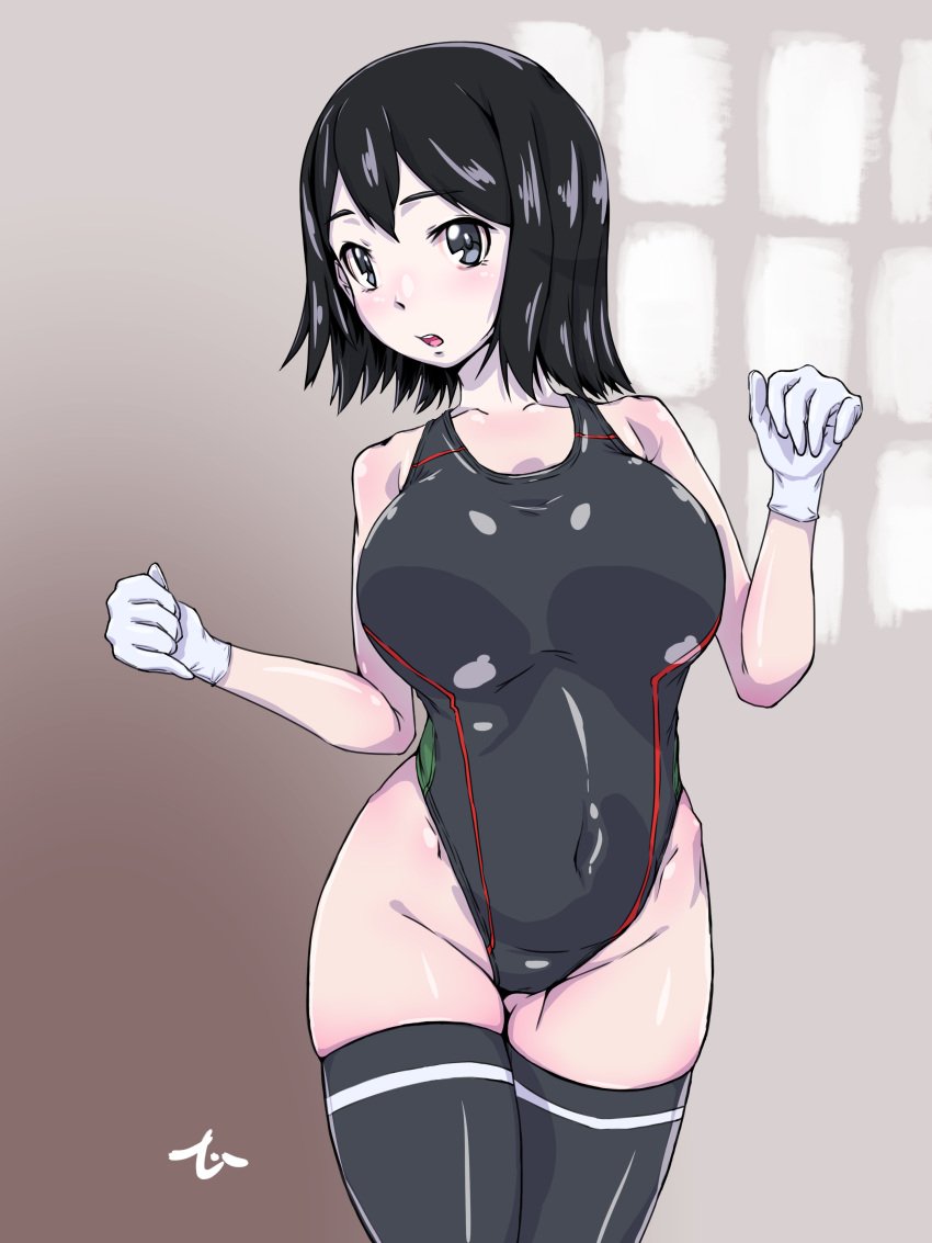 1girl absurdres akitsu_maru_(kantai_collection) artist_logo black_eyes black_hair black_legwear black_swimsuit competition_swimsuit covered_navel cowboy_shot gloves grey_eyes groin highleg highleg_swimsuit highres hinobori_tsutomu kantai_collection looking_at_viewer one-piece_swimsuit open_clothes open_mouth pale_skin short_hair solo standing swimsuit thighhighs upper_teeth white_gloves window