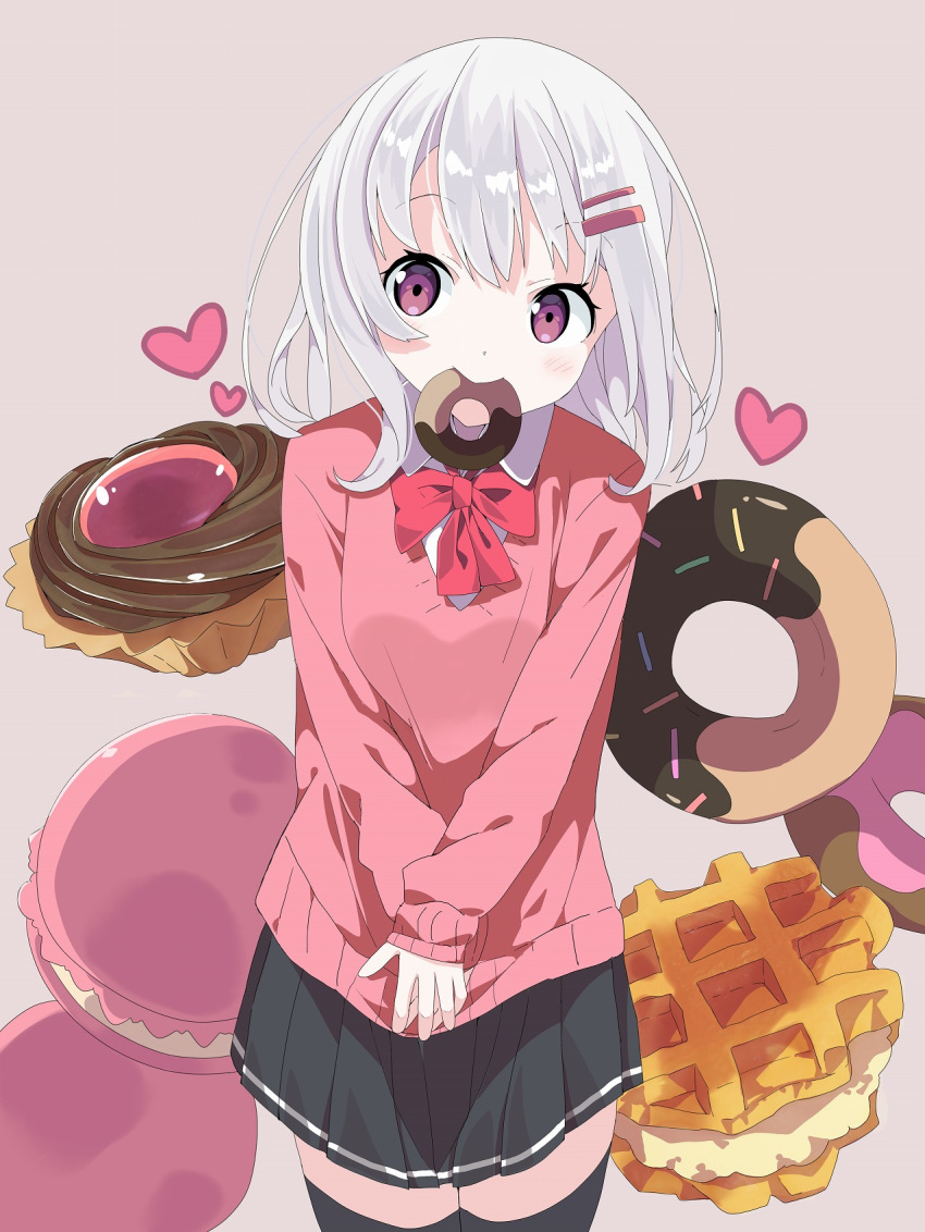 1girl bangs black_legwear black_skirt blush bow brown_background collared_shirt commentary_request doughnut eyebrows_visible_through_hair food food_in_mouth grey_hair hair_ornament hairclip hands_together heart highres long_sleeves looking_at_viewer macaron mouth_hold original own_hands_together pink_sweater pleated_skirt red_bow red_eyes shirt skirt sleeves_past_wrists smile solo sweater tantan_men_(dragon) thighhighs white_shirt