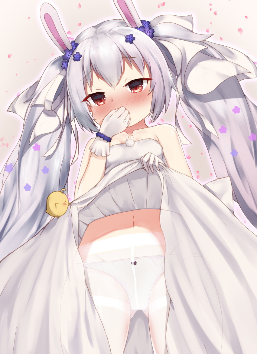 1girl animal animal_ears ass_visible_through_thighs azur_lane bangs bare_shoulders bird blush bow bow_panties breasts bunny_ears chick collarbone commentary_request covering_mouth dress dress_lift eyebrows_visible_through_hair flower gloves hair_between_eyes hair_flower hair_ornament hair_ribbon highres irokari jewelry laffey_(azur_lane) laffey_(white_rabbit's_oath)_(azur_lane) lifted_by_self long_hair manjuu_(azur_lane) navel nose_blush panties panties_under_pantyhose pantyhose petals purple_flower red_eyes revision ribbon ring silver_hair small_breasts solo thighband_pantyhose twintails underwear very_long_hair wedding_band white_dress white_gloves white_legwear white_panties white_ribbon
