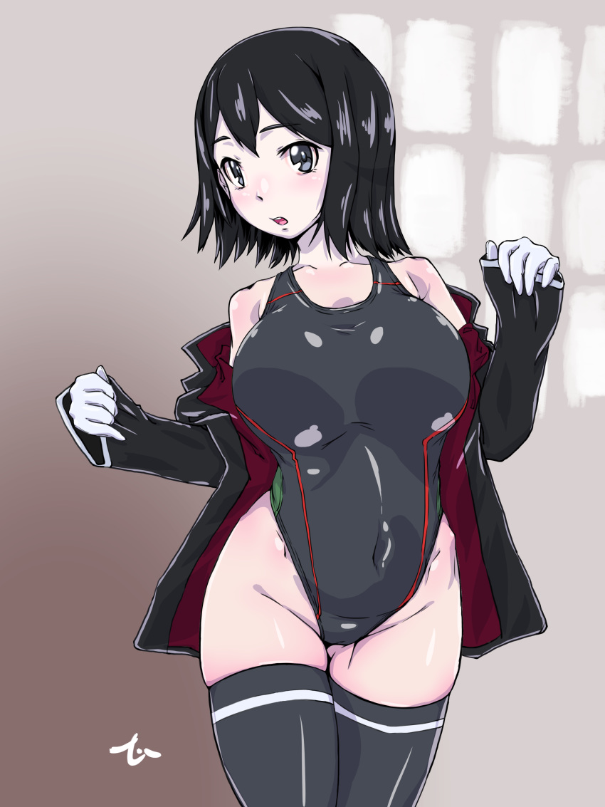 1girl absurdres akitsu_maru_(kantai_collection) artist_logo black_eyes black_hair black_legwear black_swimsuit commentary_request competition_swimsuit covered_navel cowboy_shot gloves grey_eyes groin highleg highleg_swimsuit highres hinobori_tsutomu jacket kantai_collection looking_at_viewer one-piece_swimsuit open_clothes open_mouth pale_skin short_hair solo standing swimsuit thighhighs upper_teeth white_gloves window