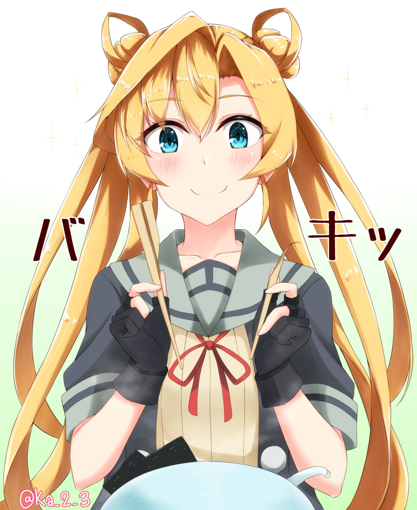 1girl abukuma_(kantai_collection) black_gloves black_jacket blonde_hair blue_eyes bowl broken_chopsticks chopsticks commentary_request double_bun gloves gradient gradient_background grey_background grey_sailor_collar hair_between_eyes hair_rings highres holding holding_chopsticks jacket ka_tsumi kantai_collection long_hair neck_ribbon partly_fingerless_gloves red_ribbon remodel_(kantai_collection) ribbon sailor_collar school_uniform serafuku short_sleeves solo upper_body white_background