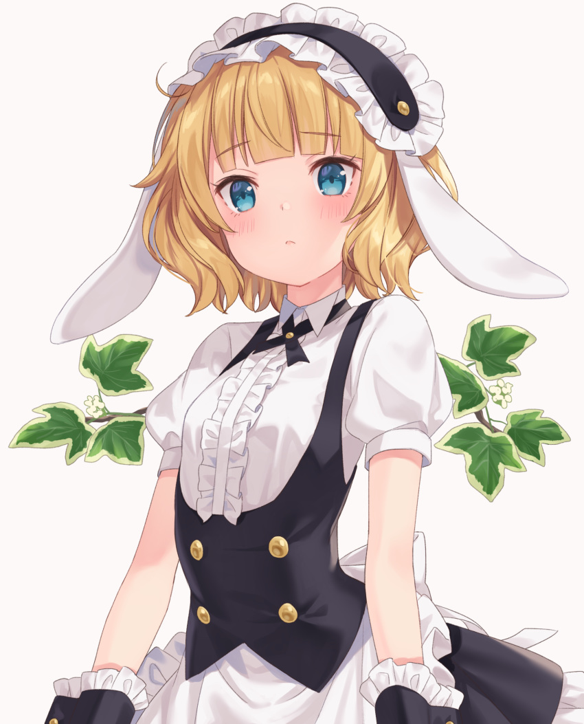 1girl animal_ears apron bangs black_hairband black_skirt black_vest blonde_hair blue_eyes blunt_bangs blush bunny_ears center_frills commentary_request eyebrows_visible_through_hair fake_animal_ears fleur_de_lapin_uniform frilled_apron frilled_hairband frills gochuumon_wa_usagi_desu_ka? hairband highres jimmy kirima_sharo looking_at_viewer puffy_short_sleeves puffy_sleeves short_hair short_sleeves skirt solo uniform vest waitress wavy_hair wrist_cuffs