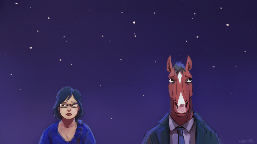 16:9 2020 anthro bojack_horseman bojack_horseman_(character) breasts ciorane cleavage clothed clothing diane_nguyen duo equid equine eyewear female glasses hi_res horse human male mammal necktie netflix night signature spoiler star