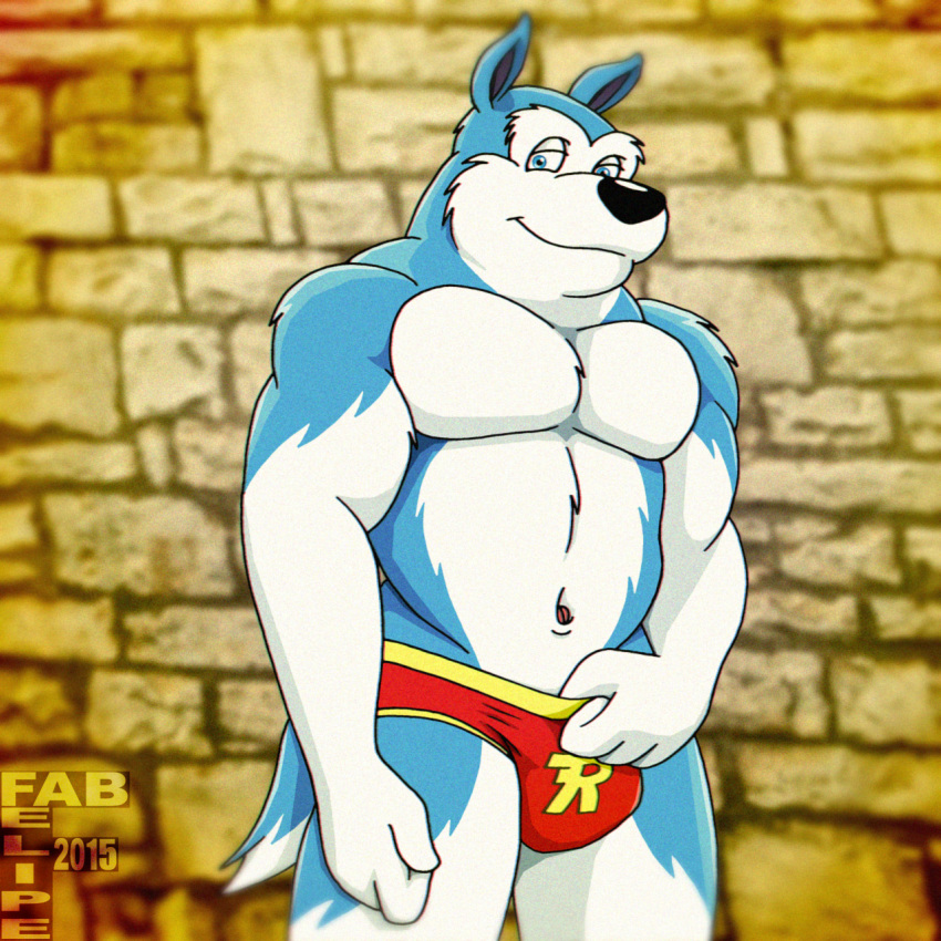 1:1 2015 abs anthro biceps big_muscles black_nose blue_eyes bulge canid canine canis clothed clothing domestic_dog erection erection_under_clothing exile_(road_rovers) fabfelipe fur genital_outline hi_res husky looking_at_viewer male mammal muscular muscular_male navel nipples nordic_sled_dog pecs penis_outline pose road_rovers solo speedo spitz swimwear teasing topless