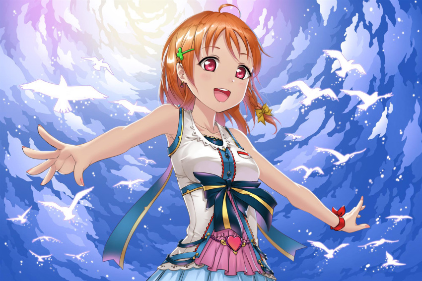 1girl :d ahoge bird blue_skirt blue_sky bow braid breasts cloud clover_hair_ornament collarbone crazypen earrings hair_bow hair_ornament heart heart_earrings jewelry love_live! love_live!_sunshine!! medium_breasts open_mouth orange_hair outstretched_arms outstretched_hand pleated_skirt red_eyes red_ribbon ribbon shiny shiny_hair shirt short_hair single_braid skirt sky sleeveless sleeveless_shirt smile solo standing takami_chika upper_body white_shirt wrist_ribbon yellow_bow