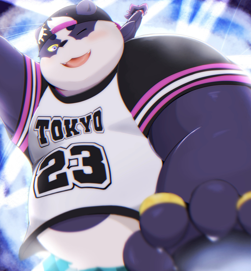 2020 absurd_res alp_(tas) anthro belly blsuh clothing fur giant_panda hat headgear headwear hi_res humanoid_hands kemono kwzu mammal one_eye_closed overweight purple_body purple_fur shirt solo tokyo_afterschool_summoners topwear ursid video_games white_body white_fur wink