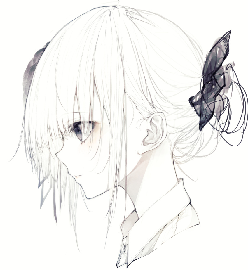 1girl absurdres bangs black_choker black_flower black_rose blush choker collar collared_shirt cropped_shoulders eyebrows_visible_through_hair eyes_visible_through_hair flower from_side grey_eyes hair_between_eyes hair_flower hair_ornament hair_over_one_eye highres hito_komoru looking_to_the_side original portrait profile rose shirt short_hair simple_background solo white_background white_hair white_shirt