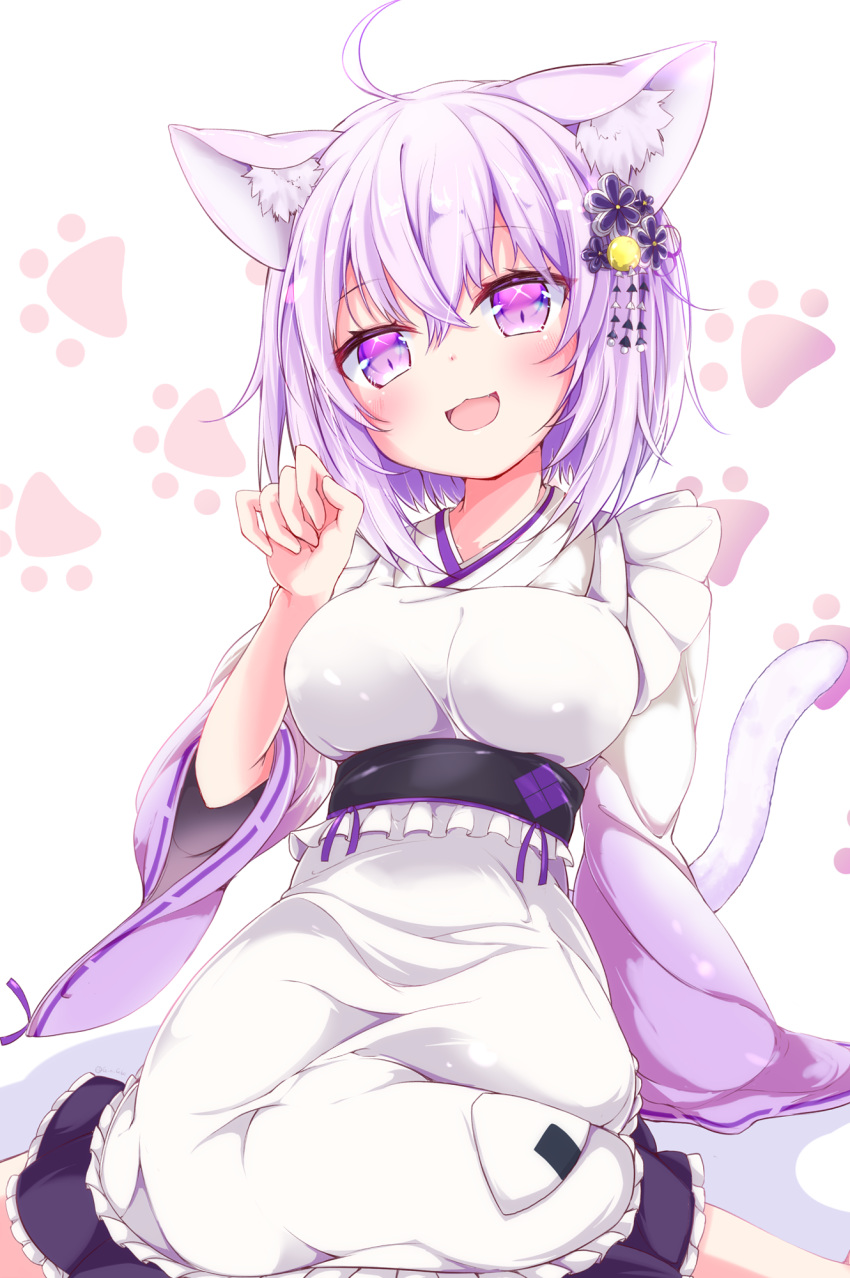 1girl ahoge animal_ear_fluff animal_ears apron bangs blush breasts cat_ears cat_girl cat_tail feet_out_of_frame highres hololive large_breasts long_sleeves looking_at_viewer maid_headdress nanaume_(shichimi_tougarashi) nekomata_okayu obi open_mouth paw_pose purple_eyes purple_hair sash short_hair sitting smile solo tail virtual_youtuber wa_maid wide_sleeves