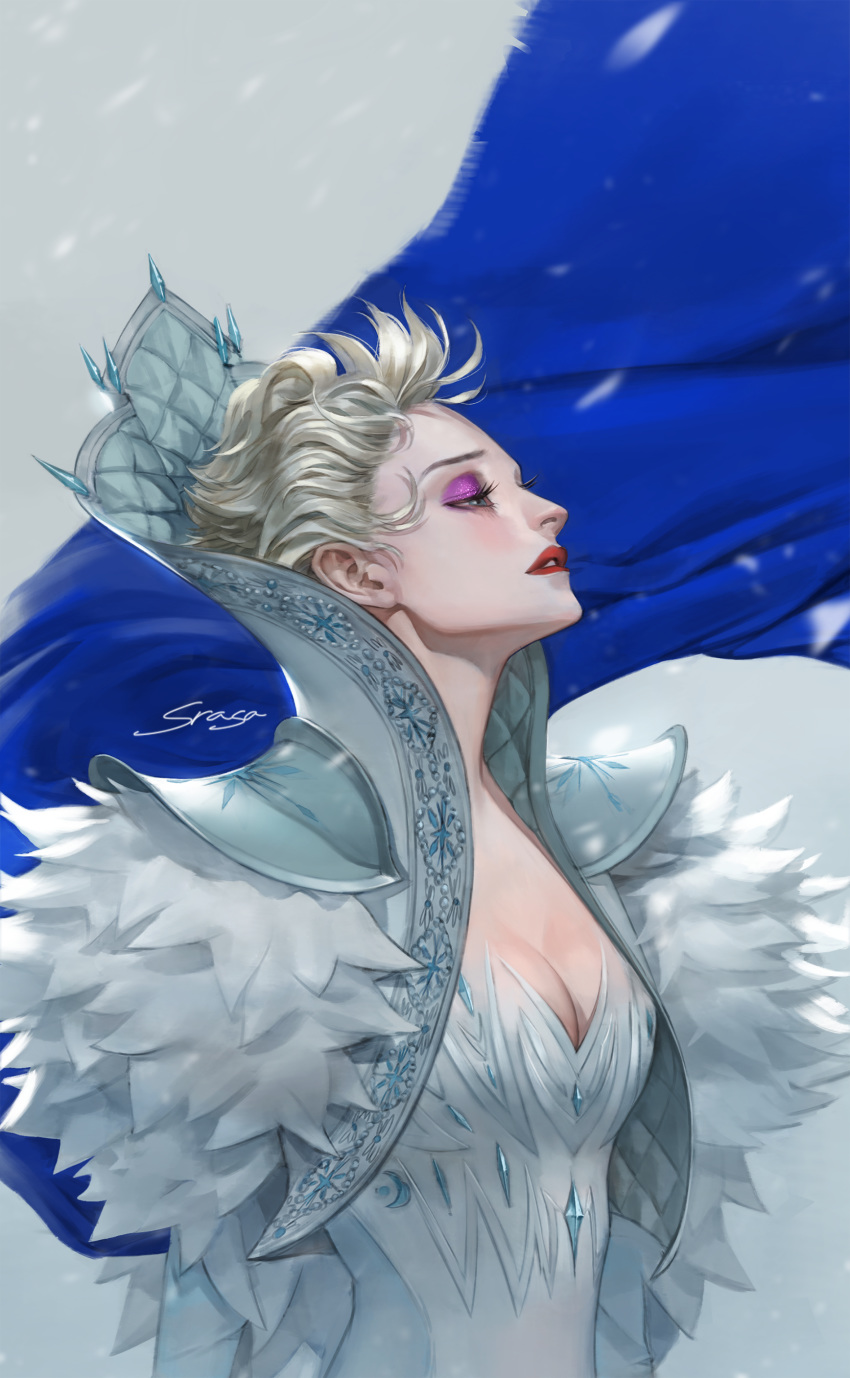 1girl absurdres alternate_costume blonde_hair blue_cape blue_eyes blush breasts cape cleavage crescent elsa_(frozen) floating_hair from_side frozen_(disney) fur_trim gem grey_background half-closed_eyes high_collar highres lipstick looking_away looking_up makeup mascara medium_breasts motion_blur parted_lips profile red_lips shoulder_armor signature solo spaulders srasa upper_body wind