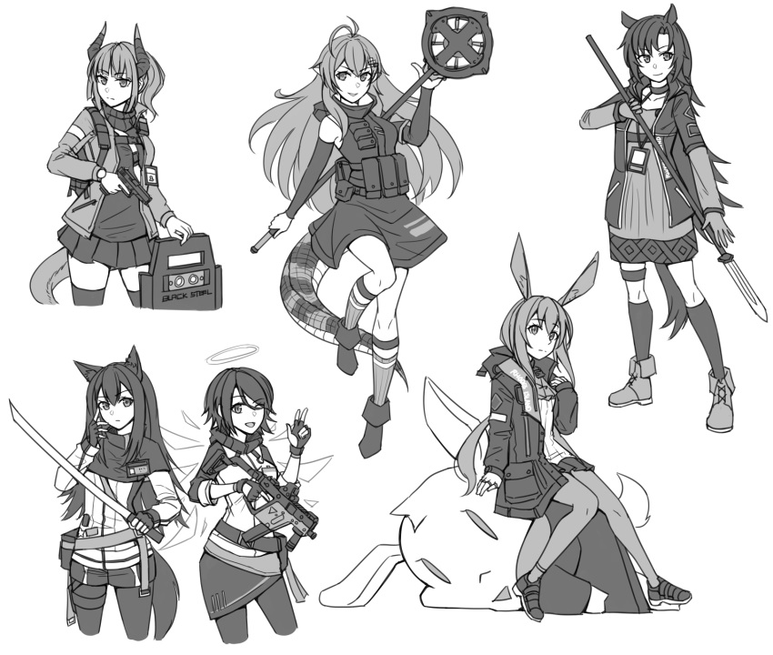 6+girls ;d amiya_(arknights) animal_ears antenna_hair arknights arm_warmers bangs bare_shoulders boots bunny_ears closed_mouth crocodile_tail cropped_legs curled_horns detached_wings dress exusiai_(arknights) eyebrows_visible_through_hair fang_(arknights) fingerless_gloves gavial_(arknights) gloves greyscale gun hair_between_eyes halo hand_up handgun highres holding holding_gun holding_staff holding_sword holding_weapon hood hood_down hooded_jacket horns jacket jewelry kneehighs kriss_vector liskam_(arknights) long_hair long_sleeves monochrome multiple_girls ndtwofives one_eye_closed open_clothes open_jacket open_mouth pantyhose pistol pleated_skirt polearm ponytail ring riot_shield shirt shoes short_over_long_sleeves short_sleeves simple_background sitting skirt sleeveless sleeveless_shirt sleeves_past_wrists smile spear staff standing standing_on_one_leg stuffed_animal stuffed_bunny stuffed_toy submachine_gun sword tail texas_(arknights) very_long_hair weapon white_background wings