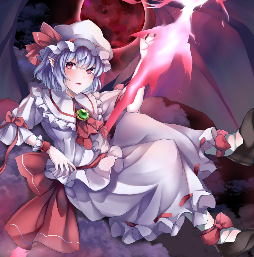 1girl absurdres bat_wings blush bow brooch commentary cravat fangs frilled_shirt_collar frills hat hat_ribbon highres jewelry koizumo light_blue_hair mob_cap parted_lips pointy_ears red_bow red_eyes remilia_scarlet ribbon ribbon_trim shirt short_hair short_sleeves skirt slit_pupils solo spear_the_gungnir touhou white_shirt white_skirt wings wrist_cuffs