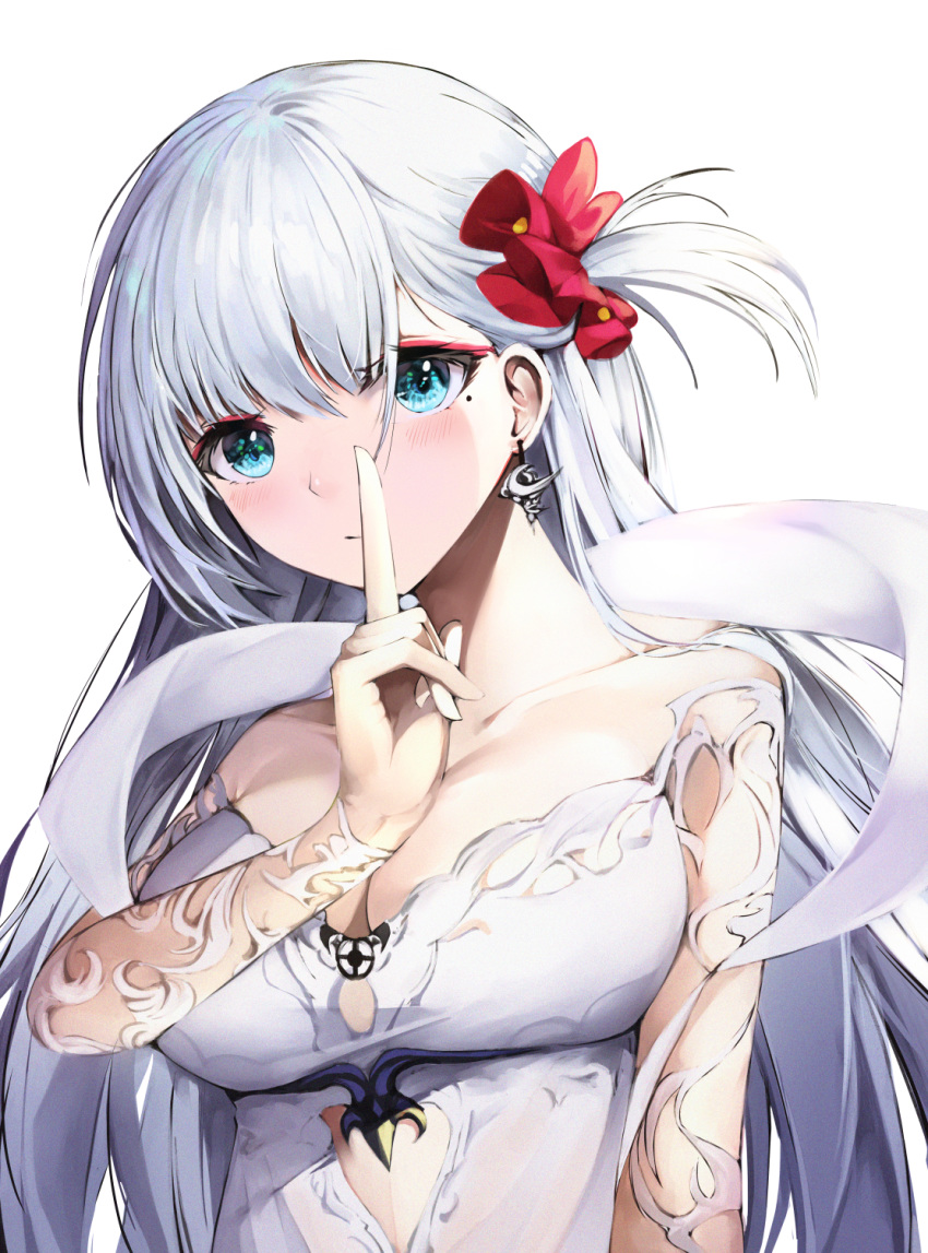1girl alternate_costume azur_lane bangs blacktheif blue_eyes blush breasts cleavage dress earrings finger_to_mouth hair_ornament hair_scrunchie highres index_finger_raised jewelry large_breasts long_hair looking_at_viewer mole mole_under_eye one_side_up scrunchie see-through shoukaku_(azur_lane) shoukaku_(the_crane_that_dances_with_the_wind)_(azur_lane) shushing silver_hair simple_background solo white_background white_dress
