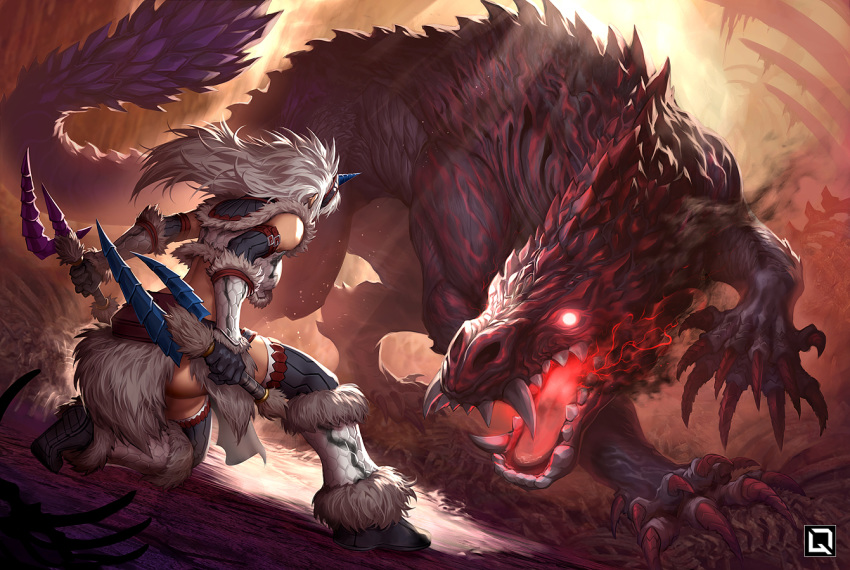 1girl back battle bone claws dual_wielding english_commentary fangs fighting_stance from_behind fur_trim glowing glowing_eyes hairband holding horned_headwear kirin_(armor) kuroi-tsuki light_particles light_rays monster monster_hunter monster_hunter:_world odogaron one_knee open_mouth thighhighs weapon white_hair