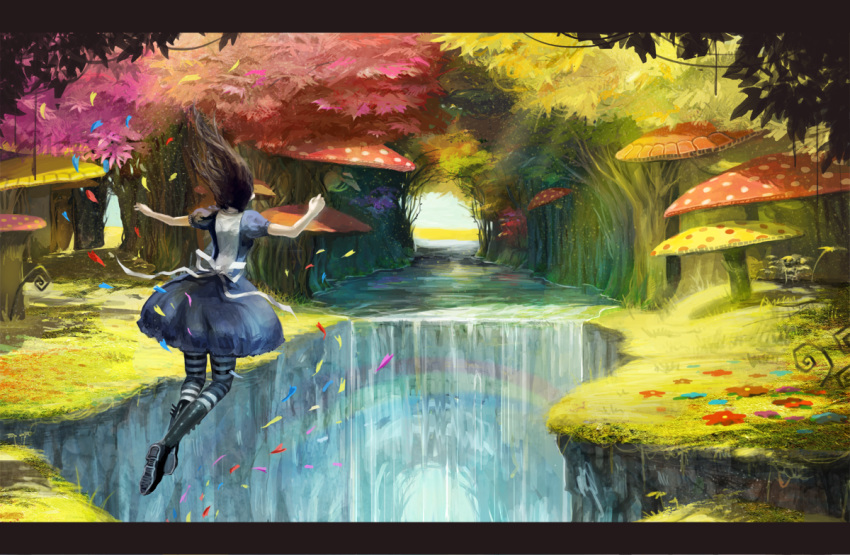 1girl alice:_madness_returns alice_(wonderland) american_mcgee's_alice apron commentary_request dress forest long_hair maddoze mushroom nature pantyhose rainbow solo striped striped_legwear