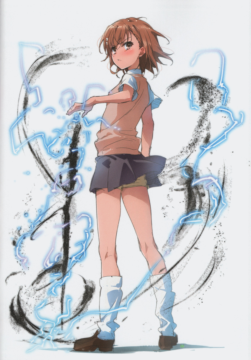 1girl absurdres biribiri brown_eyes brown_footwear brown_hair brown_shorts dust electricity full_body grey_skirt highres loafers looking_at_viewer looking_back loose_socks misaka_mikoto pleated_skirt puma_(hyuma1219) scan school_uniform shirt shoes short_sleeves shorts shorts_under_skirt simple_background skirt solo standing sweater_vest to_aru_kagaku_no_railgun to_aru_majutsu_no_index tokiwadai_school_uniform white_background white_shirt