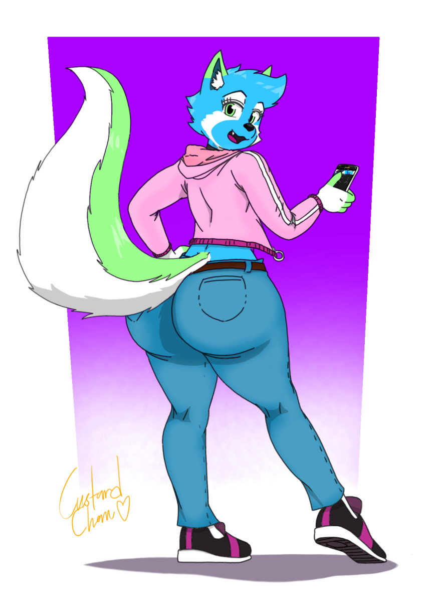 2020 anthro big_butt blue_body blue_fur bottomwear butt canid canine canis clothed clothing crazybluedog.exe_(artist) domestic_dog fully_clothed fur girly green_body green_eyes green_fur hi_res hoodie husky invalid_color jeans mammal markings nordic_sled_dog pants phone spitz thick_thighs topwear wide_hips