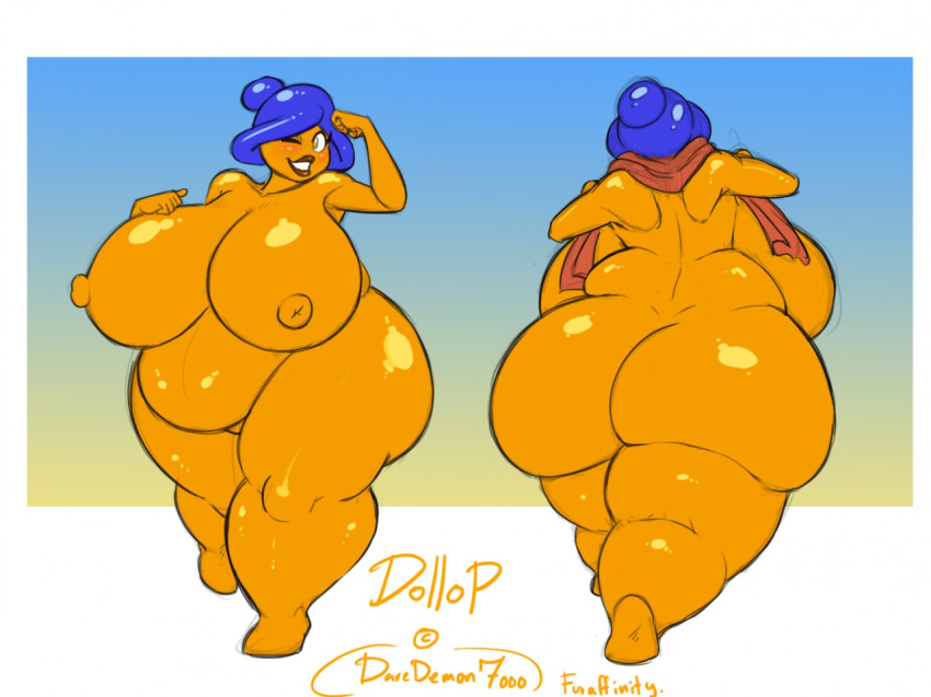 big_breasts big_butt breasts butt daredemon7000 dollop_(character) female huge_breasts huge_butt lips mature_female nipples one_eye_closed orange_body overweight overweight_female towel wide_hips wink