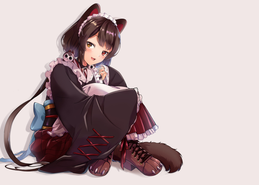 1girl :d animal_ears apron back_bow bangs blue_bow blush boots bow brown_footwear brown_hair collar cross-laced_clothes cross-laced_footwear crossed_ankles dog_ears dog_girl dog_hair_ornament dog_tail fangs full_body hair_ornament heterochromia highres inui_toko japanese_clothes kimono knees_up leg_hug long_hair long_sleeves looking_at_viewer low_twintails maid_apron maid_headdress nijisanji obi open_mouth paw_shoes pleated_skirt red_eyes red_ribbon red_skirt ribbon sash shoes simple_background sitting skirt sleeves_past_fingers sleeves_past_wrists smile solo spoon_(tamakakama) swept_bangs tail twintails very_long_hair virtual_youtuber wa_maid white_apron wide_sleeves yellow_eyes