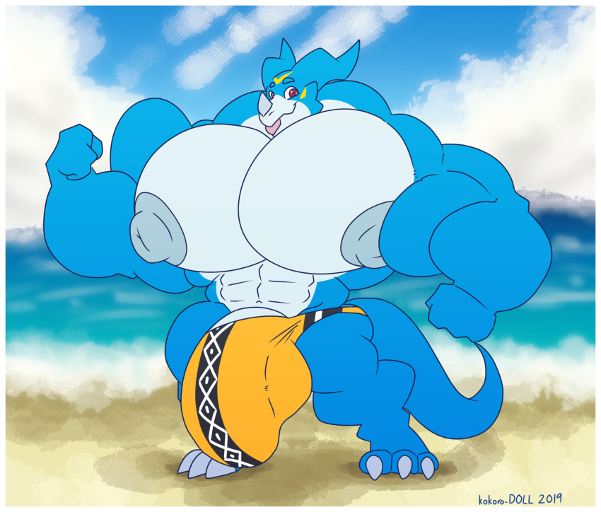 anthro balls beach big_balls big_muscles big_penis blep bulge clothing cloud day digimon digimon_(species) flexing genitals hi_res huge_balls huge_muscles huge_penis hyper hyper_balls hyper_bulge hyper_genitalia hyper_muscles hyper_penis kokoro-doll looking_at_viewer male muscular nipples penis sea seaside sky smile tongue tongue_out underwear veemon water