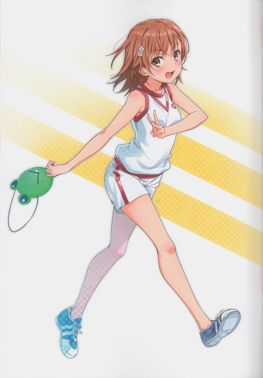 1girl absurdres blue_footwear brown_eyes brown_hair flower frog_mask full_body gekota gym_uniform hair_flower hair_ornament hairclip highres looking_at_viewer mask mask_removed misaka_mikoto open_mouth puma_(hyuma1219) scan shirt shoes short_hair shorts sleeveless sleeveless_shirt smile sneakers solo to_aru_kagaku_no_railgun to_aru_majutsu_no_index twitter_username white_shirt white_shorts