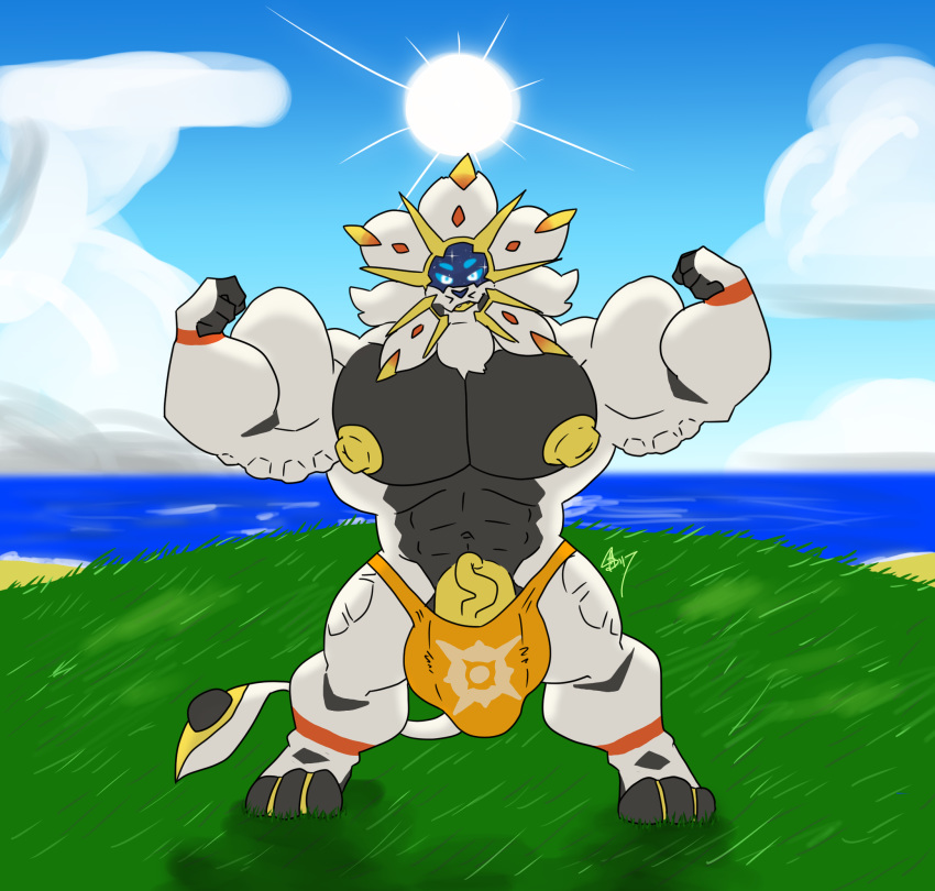 anthro anthrofied balls beach big_balls big_penis bulge clothing cloud day erection flexing genitals hi_res huge_balls huge_penis hyper hyper_balls hyper_bulge hyper_genitalia hyper_penis kokoro-doll legendary_pok&eacute;mon looking_at_viewer male muscular nintendo nipples penis pok&eacute;mon pok&eacute;mon_(species) seaside sky solgaleo sun underwear vein veiny_penis video_games