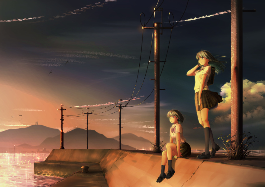 2girls :o bag bird black_hair black_legwear bow bowtie cloud collared_shirt condensation_trail dress_shirt evening eyebrows_visible_through_hair green_skirt highres kneehighs long_hair looking_afar looking_away miniskirt mountain multiple_girls ocean original pink_bow pleated_skirt puriketsu_corgy scenery school_bag school_uniform shirt short_hair short_sleeves sitting skirt skirt_tug sky smile standing telephone_pole water white_shirt wind