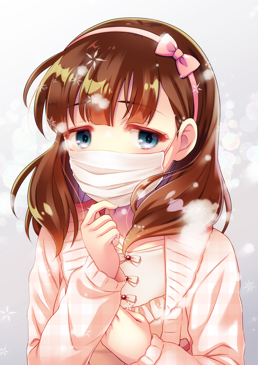 1girl absurdres aqua_eyes bow breath brown_hair casual chain coat cold gold_chain hair_bow hairband highres idolmaster idolmaster_cinderella_girls jewelry looking_at_viewer portrait sakuma_mayu silky_(silky_alice) snow snowflakes solo surgical_mask