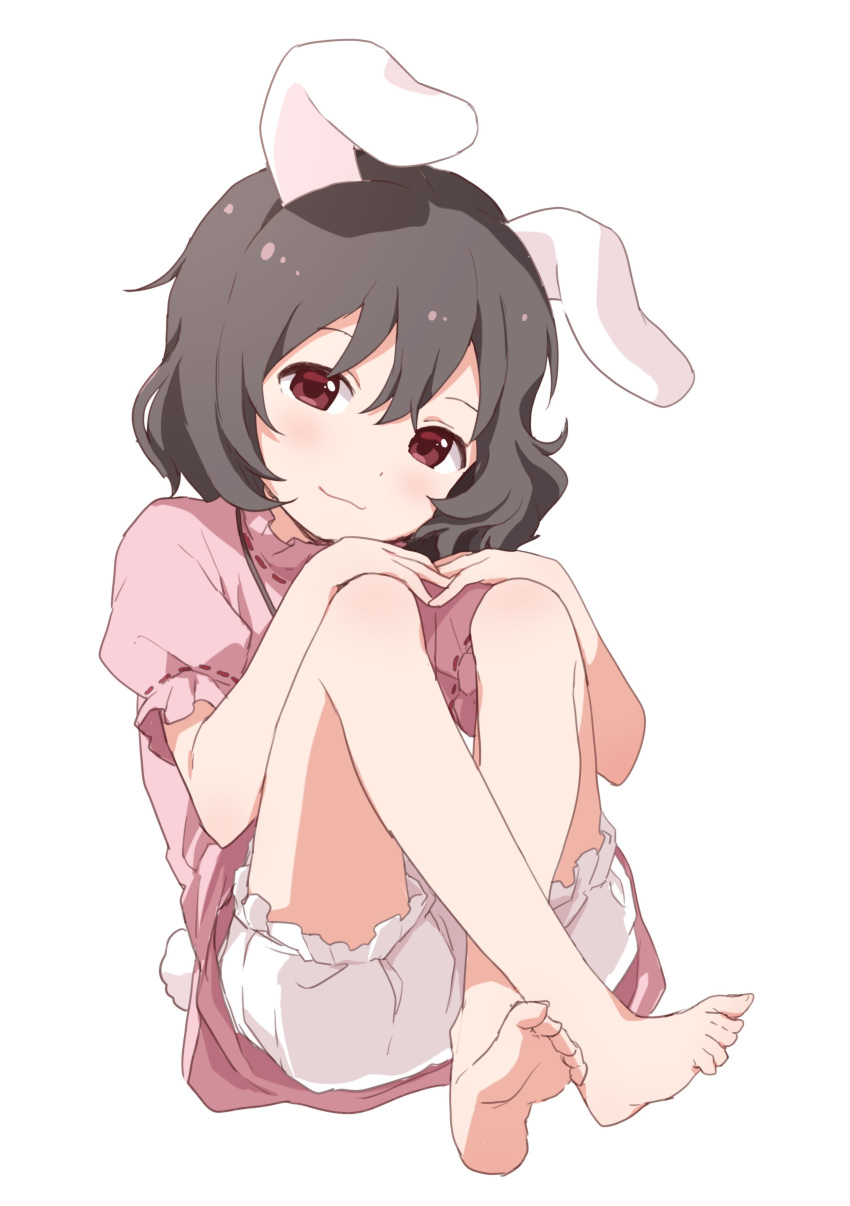 1girl :3 absurdres animal_ears barefoot black_hair bloomers buchi_(y0u0ri_) bunny_ears bunny_tail dress feet floppy_ears hands_on_own_knees highres inaba_tewi knees_up pink_dress puffy_short_sleeves puffy_sleeves red_eyes ribbon-trimmed_dress short_hair short_sleeves sitting solo tail touhou underwear wavy_hair white_background