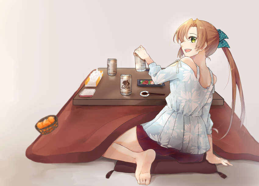 1girl akigumo_(kantai_collection) alternate_costume barefoot beer_can blouse bowl brown_hair can casual chopsticks commentary_request floral_print food fruit gradient gradient_background green_eyes grey_background hair_ribbon highres kantai_collection kotatsu long_hair looking_at_viewer mandarin_orange ponytail profile red_skirt ribbon sitting skirt solo table tissue_box u_yuz_xx yokozuwari