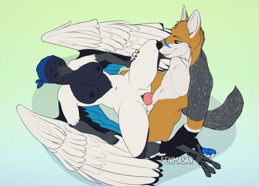 2020 anthro anthro_on_anthro anthro_penetrated anthro_penetrating anthro_penetrating_anthro areola avian bird black_nose breasts canid canine canis digital_media_(artwork) duo eyes_closed feathered_wings feathers female female_penetrated jackal lying male male/female male_penetrating male_penetrating_female mammal missionary_position navel nipples non-mammal_breasts nude on_back penetration senimasan sex spread_legs spreading vaginal vaginal_penetration wings
