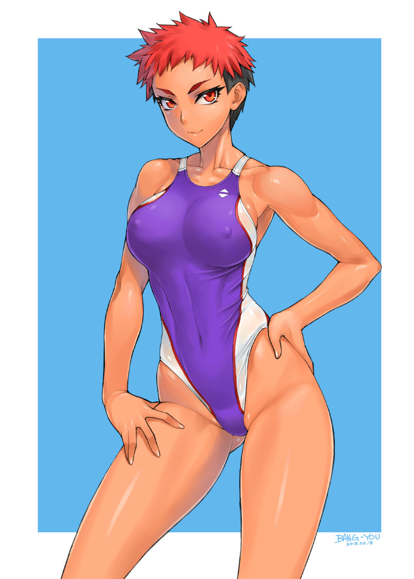 1girl artist_name bang-you black_hair blue_background commentary_request competition_swimsuit contrapposto covered_navel covered_nipples cowboy_shot dated hand_on_hip highleg highleg_swimsuit highres looking_at_viewer multicolored_hair one-piece_swimsuit original purple_swimsuit red_eyes red_hair solo swimsuit swimsuit_under_clothes tan two-tone_background two-tone_hair white_background
