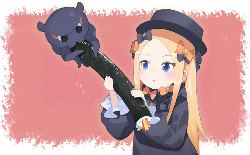 1girl abigail_williams_(fate/grand_order) blonde_hair blue_eyes commentary_request ehoumaki fate/grand_order fate_(series) food forehead frilled_sleeves frills hair_ribbon hat holding holding_food long_sleeves makizushi octopus puffy_sleeves ribbon sidelocks solo sushi tokitarou_(fate/grand_order) usuaji