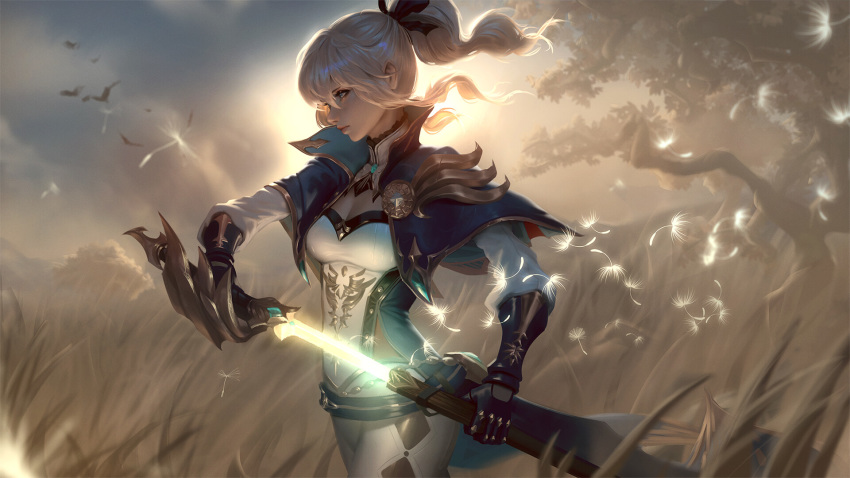 1girl backlighting bangs blonde_hair blue_eyes breasts capelet closed_mouth cloud coattails floating_hair gauntlets genshin_impact glowing glowing_weapon grass hair_between_eyes hair_ribbon high_collar highres holding holding_sword holding_weapon jacket jean_gunnhildr long_hair looking_afar medium_breasts official_art outdoors pants ponytail popped_collar raikoart ribbon sheath sidelocks solo sunlight sword unsheathing weapon wind