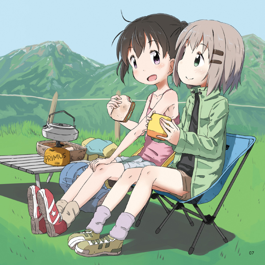 2girls ashida_ichirou backpack bag black_hair brown_shorts camisole camping_chair chair english_commentary folding_chair food green_eyes green_jacket hair_ornament hairclip hand_on_own_knee highres jacket kerosene_lamp kettle kuraue_hinata light_brown_hair multiple_girls outdoors portable_stove purple_eyes sandwich shoes shorts sneakers socks twintails yama_no_susume yukimura_aoi