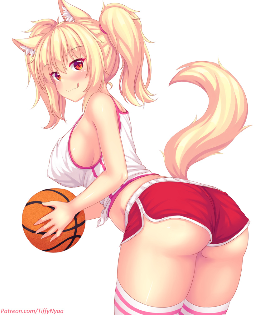 1girl animal_ear_fluff animal_ears artist_name ass ball bangs bare_shoulders basketball blonde_hair blush breasts cat_ears commentary eyebrows_visible_through_hair fast-runner-2024 highres holding holding_ball large_breasts long_hair looking_at_viewer original red_eyes red_shorts shirt short_shorts shorts sleeveless sleeveless_shirt slit_pupils smile solo striped striped_legwear tail thighhighs tiffy_(fast-runner-2024) watermark web_address white_shirt