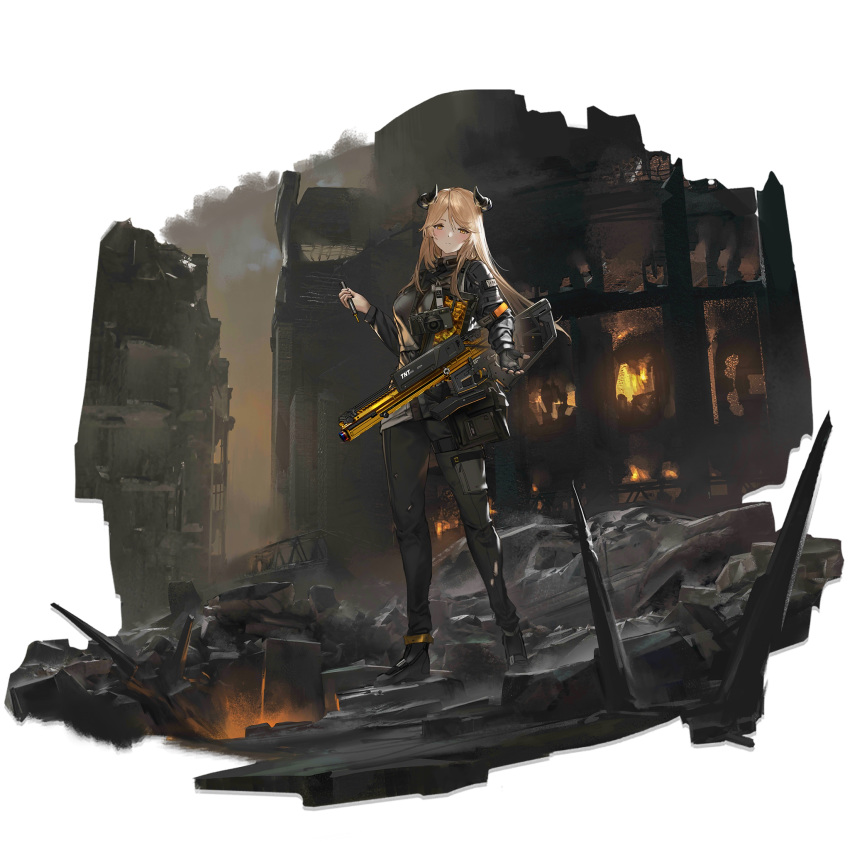 1girl alternate_costume arknights assault_rifle bangs black_footwear black_gloves black_jacket black_pants blush boots breasts camera expressionless fingerless_gloves full_body gloves gun highres holding horns jacket large_breasts light_brown_hair long_hair long_sleeves looking_at_viewer meteorite_(arknights) official_art pants pouch reaching_out renatus.z rifle ruins sidelocks single_fingerless_glove single_glove solo standing swept_bangs tachi-e tactical_clothes transparent_background very_long_hair weapon