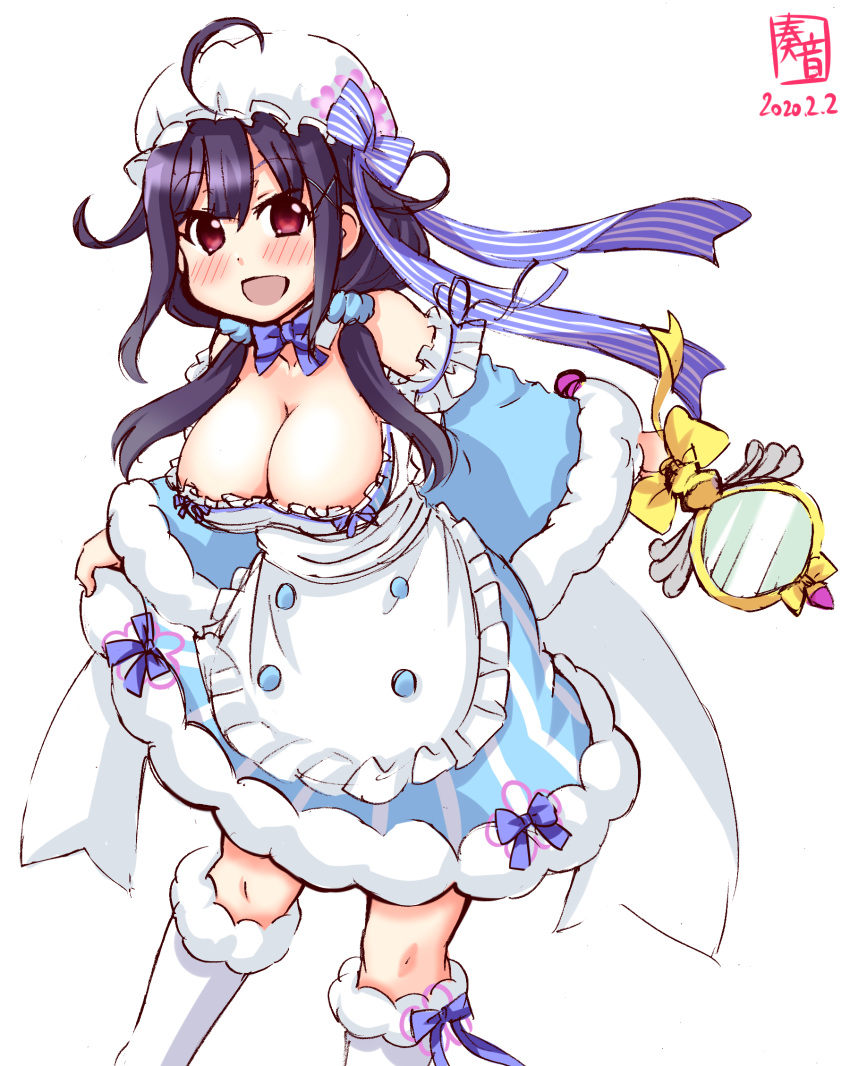 1girl ahoge artist_logo blue_dress breasts cleavage commentary_request cosplay dated dress feet_out_of_frame flower_knight_girl hair_flaps highres kanon_(kurogane_knights) kantai_collection kneehighs large_breasts long_hair looking_at_viewer low_twintails magical_girl purple_hair red_eyes shabonsou_(flower_knight_girl) shabonsou_(flower_knight_girl)_(cosplay) simple_background solo taigei_(kantai_collection) twintails wand white_background white_legwear