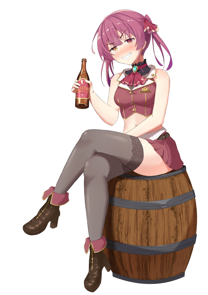 1girl bare_shoulders barrel black_legwear blush bottle buttons character_name cravat drink full_body hair_ornament heterochromia high_heels highres holding holding_bottle holding_drink hololive houshou_marine liquor looking_at_viewer midriff miniskirt navel no_eyepatch no_hat no_headwear pink_hair red_eyes red_skirt shoes sitting skirt starkamisan teeth thighhighs twintails v-shaped_eyebrows virtual_youtuber white_background yellow_eyes