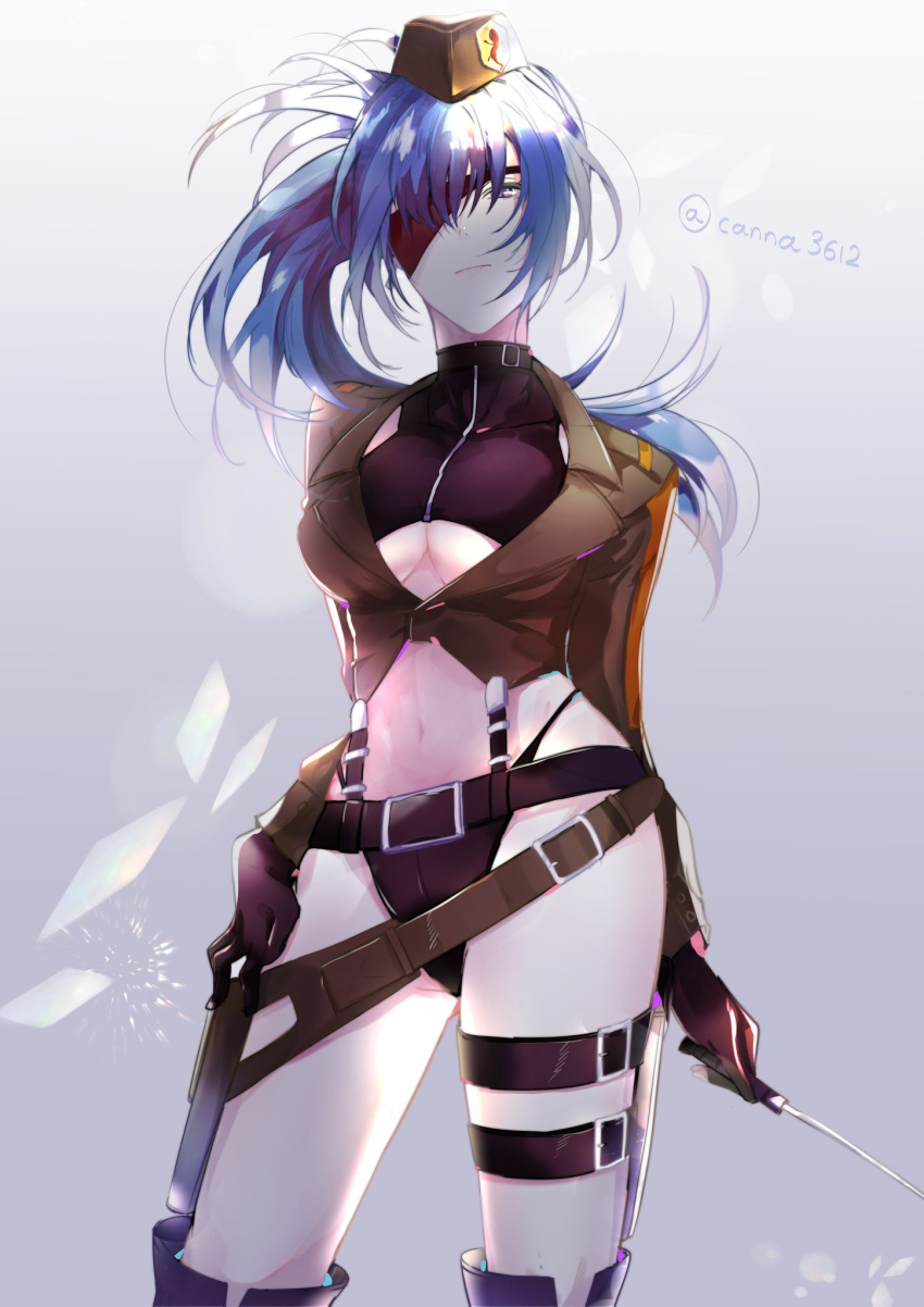 1girl bangs black_gloves blue_eyes blue_hair boots breasts cleavage earrings eyepatch gloves hat high_heel_boots high_heels highres jewelry leona_heidern long_hair military military_hat military_uniform ponytail pouch snk_heroines:_tag_team_frenzy soldier the_king_of_fighters underboob uniform