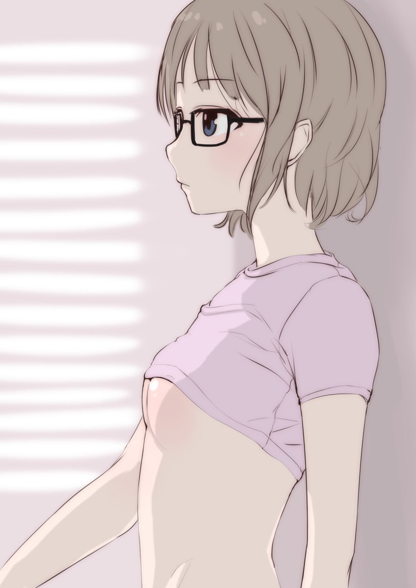 1girl black-framed_eyewear blinds blue_eyes blush breasts brown_hair closed_mouth eyebrows_visible_through_hair from_side glasses hi_iro highres indoors no_bra original pink_shirt shirt shirt_lift short_hair short_sleeves small_breasts solo underboob upper_body