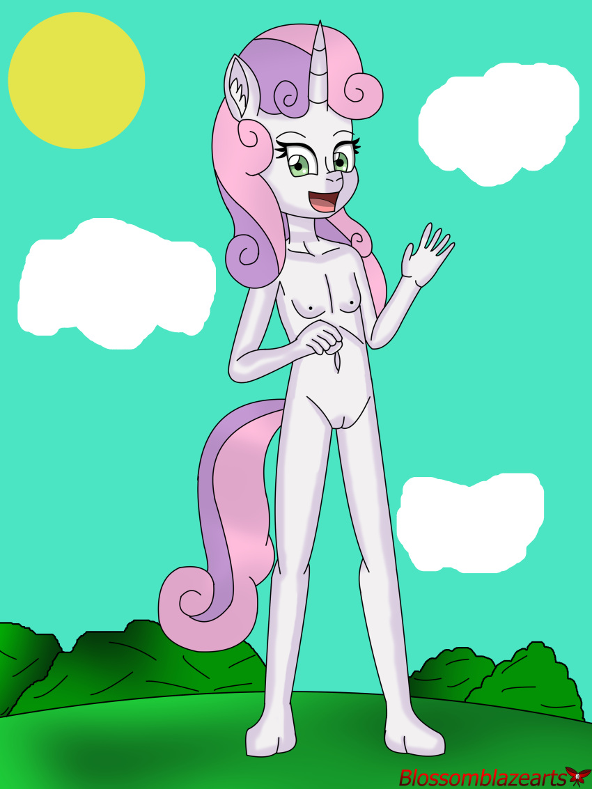 absurd_res animal_genitalia animal_pussy anthro anthro_pony blossomblaze cmc cub curled_hair curled_tail digital_media_(artwork) equid equine equine_pussy friendship_is_magic genitals hair happy hi_res horn legs_out long_hair long_tail looking_at_viewer mammal my_little_pony nipples pussy smile sweetie_belle_(mlp) young