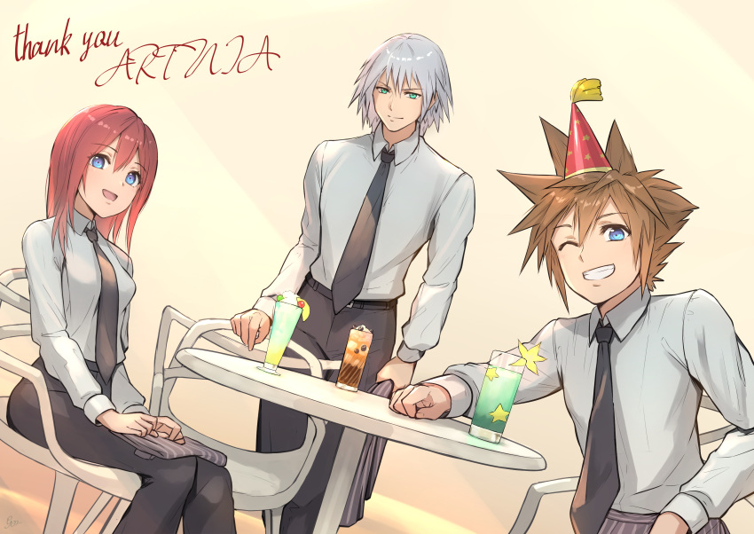 1girl absurdres blue_eyes breasts closed_mouth commentary_request drink formal gogo_(detteiu_de) highres kairi_(kingdom_hearts) kingdom_hearts kingdom_hearts_ii looking_at_viewer medium_hair multiple_boys necktie open_mouth red_hair riku silver_hair simple_background smile sora_(kingdom_hearts)