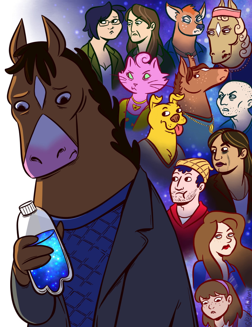 alcohol angry anthro bald beatrice_horseman beverage bird_dog blue_eyes bodily_fluids bojack_horseman bojack_horseman_(character) bottle breasts brown_hair canid canine canis cervid cleavage clothed clothing crying diane_nguyen domestic_cat domestic_dog equid equine felid feline felis female freckles gina_cazador golden_retriever green_eyes hair herb_kazzaz hi_res hollyhock_manheim-mannheim-guerrero-robinson-zilberschlag-hsung-fonzerelli-mcquack_(bojack_horseman) horse human hunting_dog jacket jewelry kelsey_jannings looking_down male mammal mane mr._peanutbutter necklace netflix paraesol penny_carson princess_carolyn retriever sarah_lynn scruffy_beard star sweater tears todd_chavez tongue tongue_out topwear vodka