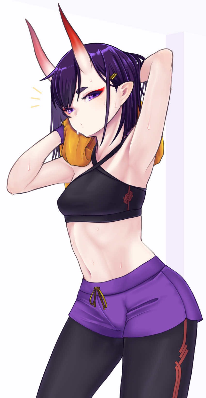 1girl absurdres armpits arms_behind_head arms_up bangs bare_shoulders black_bra black_pants blush bob_cut bra breasts eyeliner fate/grand_order fate_(series) haiiro_gundan hair_ornament hairclip highres horns looking_at_viewer makeup navel oni oni_horns open_mouth pants pointy_ears purple_eyes purple_hair purple_shorts short_eyebrows short_hair short_shorts shorts shuten_douji_(fate/grand_order) simple_background skin-covered_horns small_breasts solo sports_bra sweat thighs tight tight_pants towel underwear white_background wristband yoga_pants