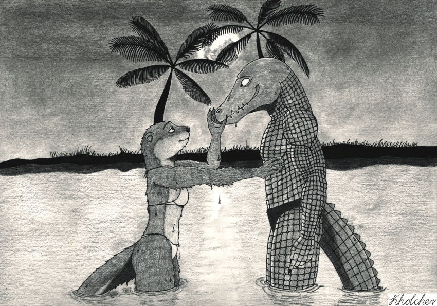 anthro bikini clothing crocodile crocodilian crocodylid duo eye_contact female graphite_(artwork) konstantin_kholchev_(artist) looking_at_another lutrine male mammal monochrome moon mustelid night palm_tree pencil_(artwork) reptile scalie swimwear traditional_media_(artwork) tree wet