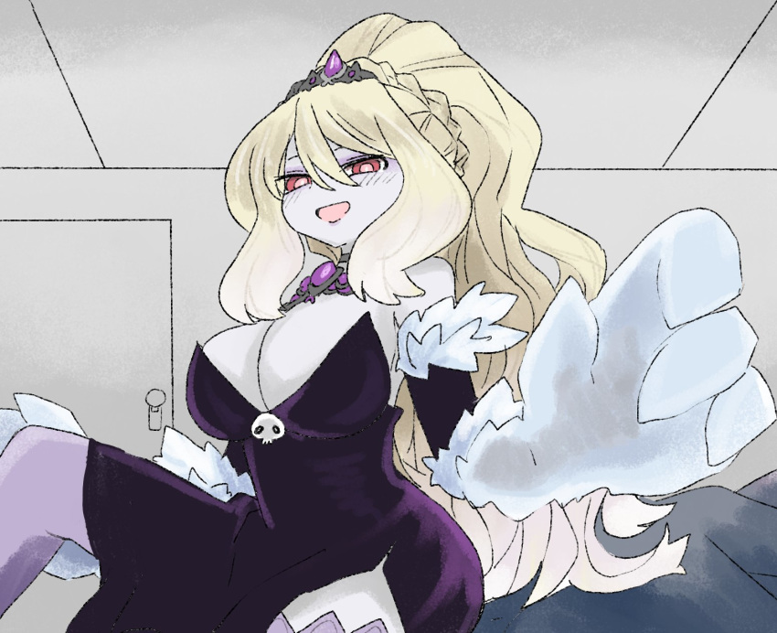 1girl :d bangs bare_shoulders blonde_hair braid breasts commentary crown_braid dress elbow_gloves english_commentary fur-trimmed_gloves fur_trim gloves hair_between_eyes highres indoors jewelry large_breasts latenight long_hair looking_at_viewer monster_girl_encyclopedia necklace open_mouth purple_dress purple_gloves purple_legwear red_eyes side_slit smile solo strapless strapless_dress thighhighs tiara white_skin wight_(monster_girl_encyclopedia)