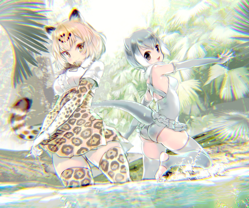 2girls animal_ears animal_print armpits ass ass_visible_through_thighs back bangs bare_shoulders black_hair bow bowtie brown_eyes chromatic_aberration closed_mouth commentary_request day dripping elbow_gloves frills fur_collar gloves grey_gloves grey_hair grey_legwear grey_swimsuit hand_up high-waist_skirt highres jaguar_(kemono_friends) jaguar_ears jaguar_print jaguar_tail kemono_friends looking_at_viewer medium_hair miniskirt multicolored_hair multiple_girls one-piece_swimsuit open_mouth orange_hair otter_ears otter_tail outdoors outstretched_arms outstretched_hand partially_visible_vulva pottsness print_gloves print_legwear print_skirt shirt short_hair skirt small-clawed_otter_(kemono_friends) smile soles splashing spread_fingers standing stirrup_legwear swimsuit tail tail_through_clothes thighhighs toeless_legwear toes two-tone_hair wading water wet wet_clothes white_hair wringing_clothes wringing_skirt zettai_ryouiki