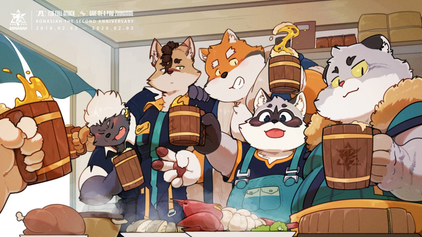 16:9 2020 alcohol anthro beer belly beverage blush bonasiah canid canine clothing detailed_background eyes_closed felid feline food fur grey_body grey_fur group hi_res humanoid_hands kemono male mammal overalls overweight overweight_male procyonid quanjiang raccoon ratye_(zoohomme) rocco_(zoohomme) shirt topwear woopu_(zoohomme) zoohomme