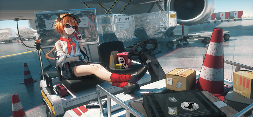 1girl 3d_background absurdres aircraft airplane airport arknights bare_shoulders bendy_straw black_footwear black_shorts box brown_eyes brown_hair cardboard_box closed_mouth croissant_(arknights) crossed_legs cup day disposable_cup drinking_straw even_(17245601) gloves half-closed_eye hand_up highres holding holding_cup horns jacket long_hair looking_at_viewer low_ponytail off_shoulder open_clothes open_jacket outdoors ponytail red_legwear see-through shoe_soles shoes short_shorts short_sleeves shorts sitting socks solo striped suitcase sunglasses tank_top traffic_cone uneven_eyes vertical-striped_shorts vertical_stripes very_long_hair visor_cap white_gloves white_jacket white_tank_top wide_sleeves