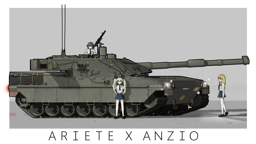 0206qwerty 3girls absurdres anchovy_(girls_und_panzer) bangs black_footwear black_ribbon black_skirt brown_eyes c1_ariete carpaccio_(girls_und_panzer) closed_mouth drill_hair emblem eyebrows_visible_through_hair girls_und_panzer grin ground_vehicle gun highres italian_flag lights loafers long_hair long_sleeves looking_at_viewer machine_gun mg42 military military_vehicle miniskirt motor_vehicle multiple_girls necktie open_eyes pantyhose pepperoni_(girls_und_panzer) pleated_skirt ribbon shirt shoes skirt smile tank twin_drills twintails weapon white_legwear white_shirt